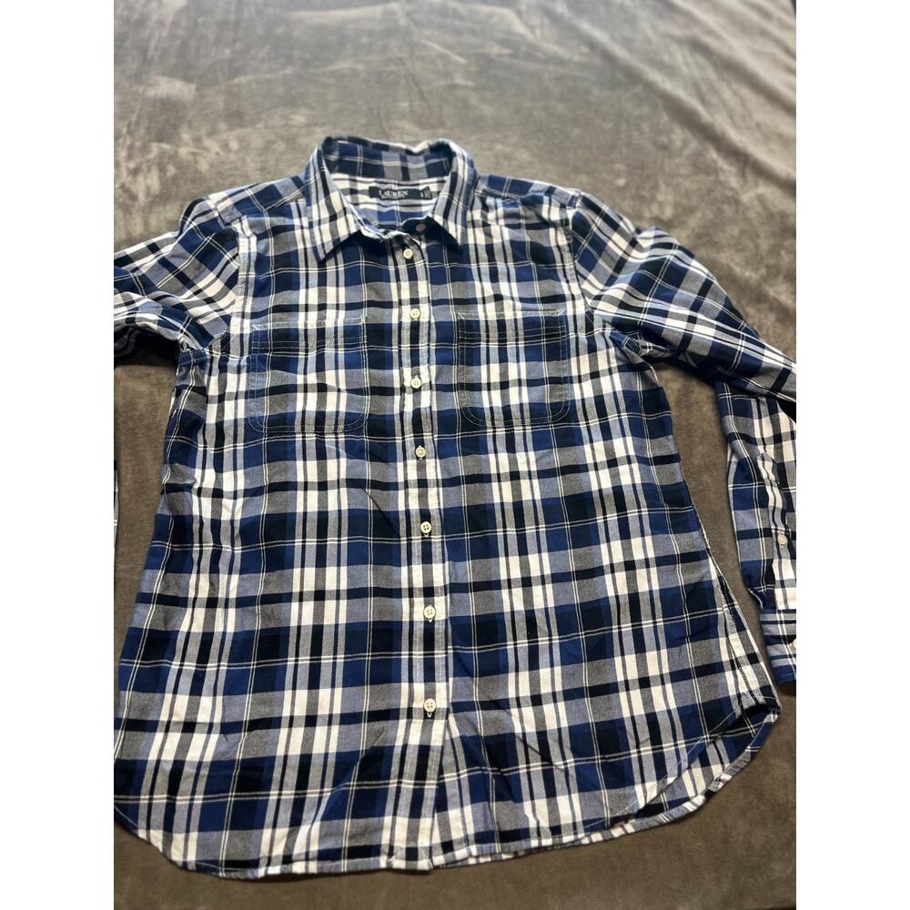 Lauren Ralph Lauren Plaid Shirt Womens Large Blue Long Sleeve Button Up Collar